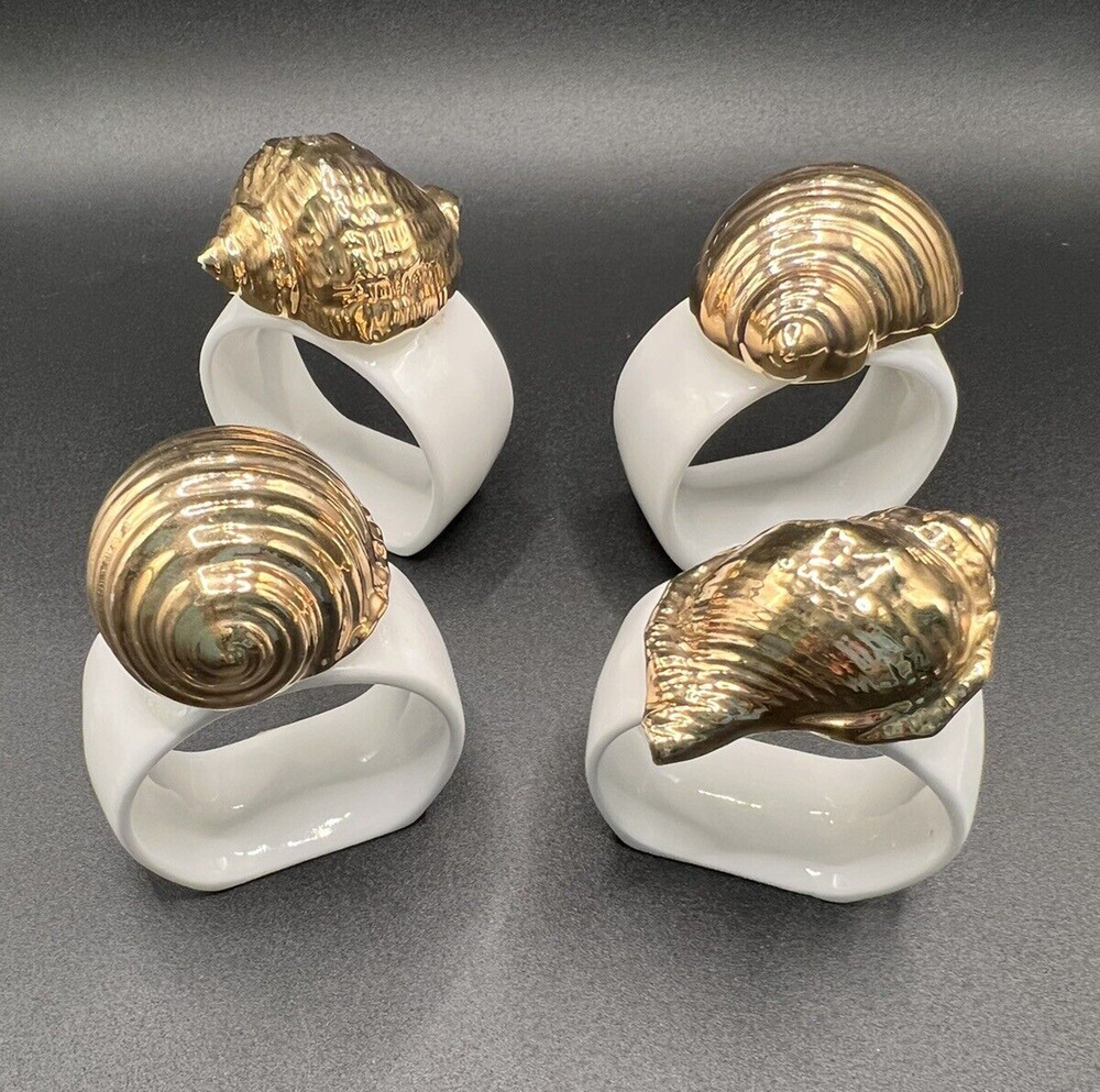 Vintage Lot Set of 4 Omnibus White Bone China w/ Gold Shell Napkin Rings
